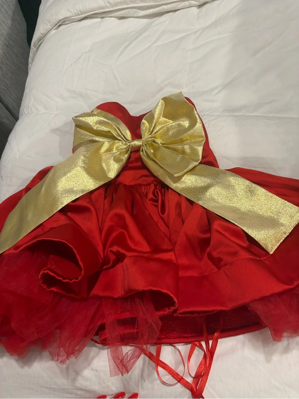 Girls Red Holiday Party Dress with Gold Bow Accent